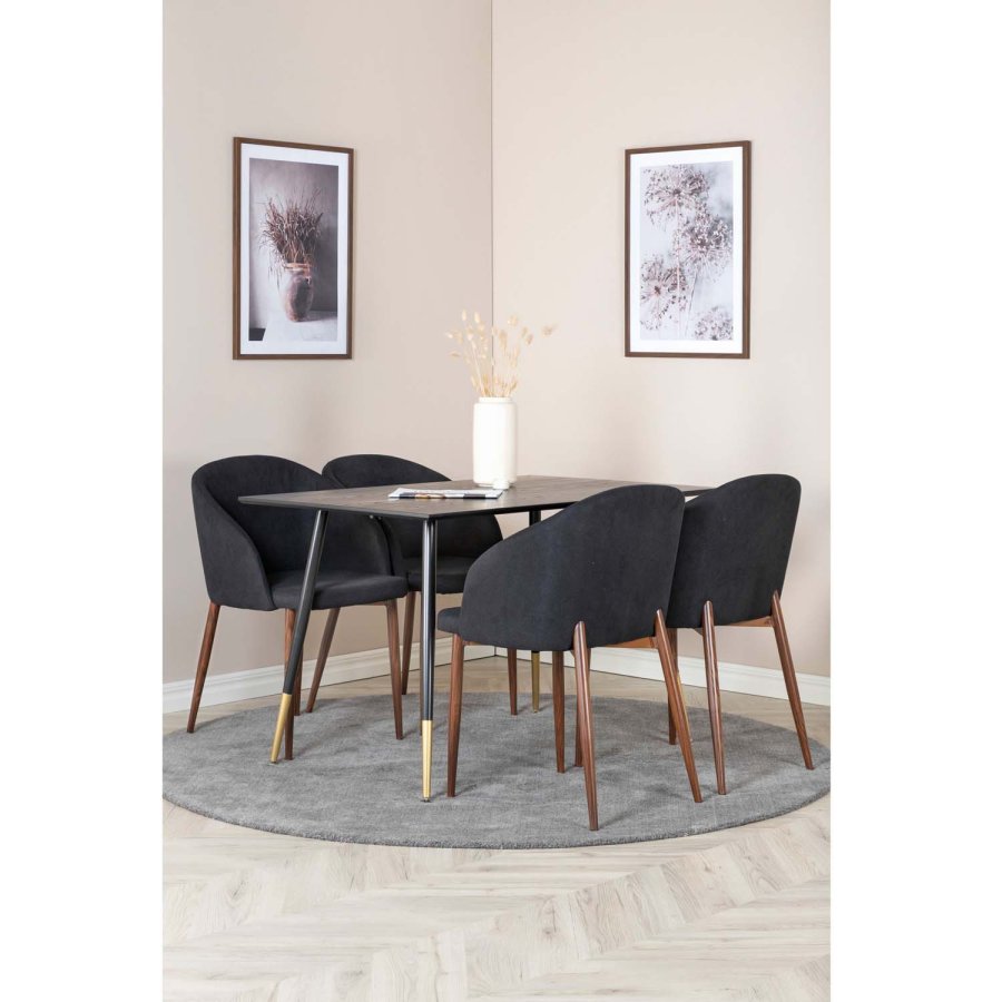 VENTURE DESIGN Dipp Esstisch-Set, mit 4 Stühlen – schwarzes Furnier/Messing, schwarzes Metall, schwarzer Stoff/Folienmetall