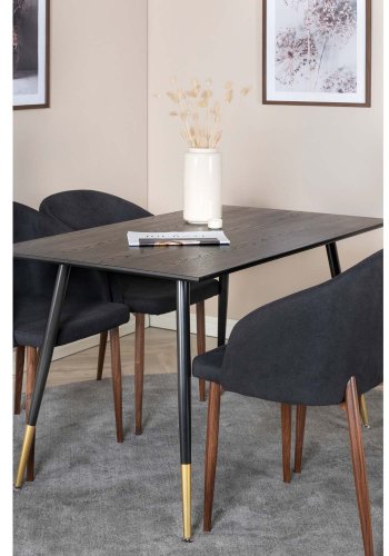 VENTURE DESIGN Dipp Esstisch-Set, mit 4 Stühlen – schwarzes Furnier/Messing, schwarzes Metall, schwarzer Stoff/Folienmetall