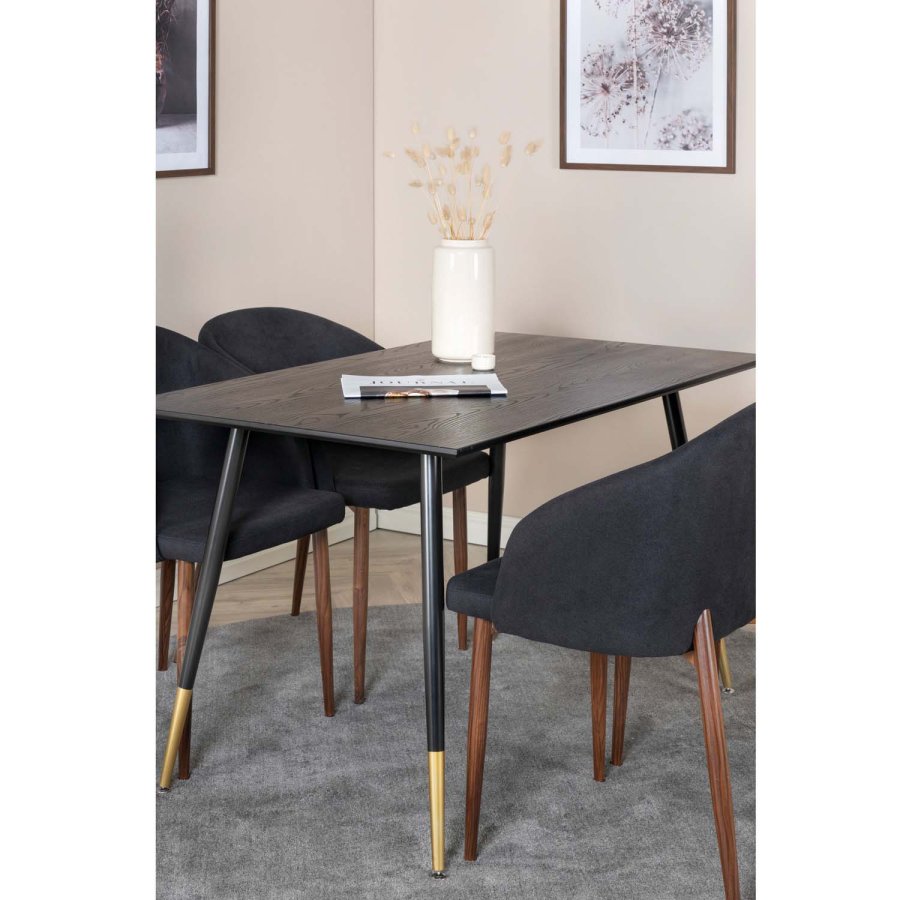 VENTURE DESIGN Dipp Esstisch-Set, mit 4 Stühlen – schwarzes Furnier/Messing, schwarzes Metall, schwarzer Stoff/Folienmetall