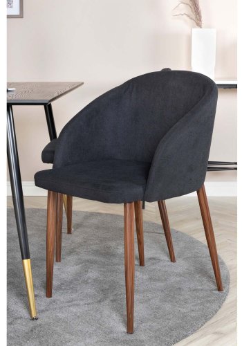 VENTURE DESIGN Dipp Esstisch-Set, mit 4 Stühlen – schwarzes Furnier/Messing, schwarzes Metall, schwarzer Stoff/Folienmetall