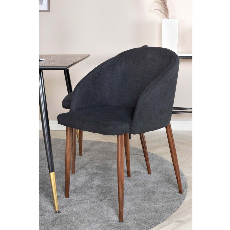 VENTURE DESIGN Dipp Esstisch-Set, mit 4 Stühlen – schwarzes Furnier/Messing, schwarzes Metall, schwarzer Stoff/Folienmetall