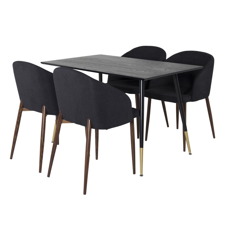 VENTURE DESIGN Dipp Esstisch-Set, mit 4 Stühlen – schwarzes Furnier/Messing, schwarzes Metall, schwarzer Stoff/Folienmetall