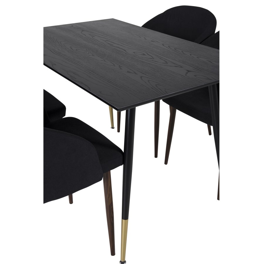 VENTURE DESIGN Dipp Esstisch-Set, mit 4 Stühlen – schwarzes Furnier/Messing, schwarzes Metall, schwarzer Stoff/Folienmetall