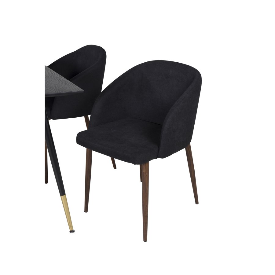 VENTURE DESIGN Dipp Esstisch-Set, mit 4 Stühlen – schwarzes Furnier/Messing, schwarzes Metall, schwarzer Stoff/Folienmetall