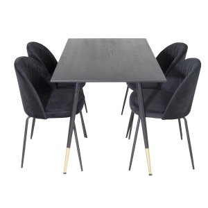VENTURE DESIGN Dipp Matbordsset, med 4 Stolar - Svart Fanér / Mässing Svart Metall, Svart Sammet / Svart Metall