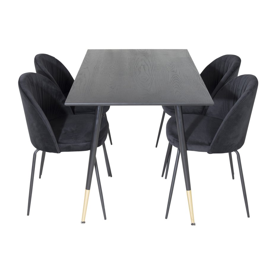 VENTURE DESIGN Dipp spisebordsett, m. 4 stoler - sort finér/messing sort metall, sort flyel/svart metall