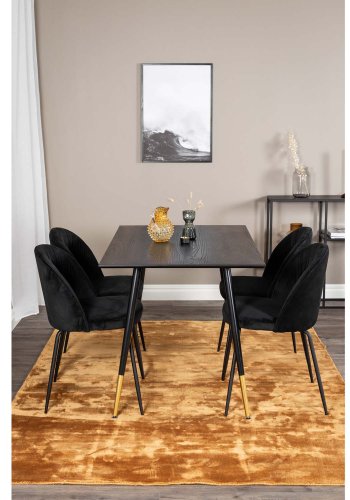 VENTURE DESIGN Dipp spisebordsett, m. 4 stoler - sort finér/messing sort metall, sort flyel/svart metall