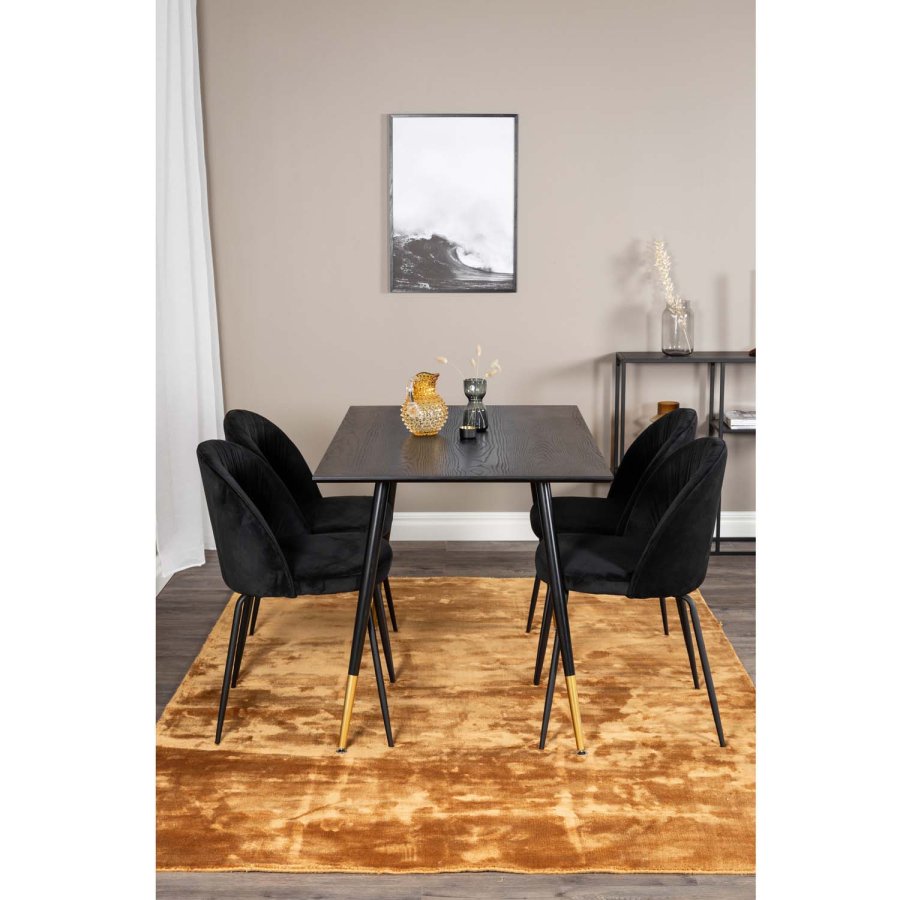 VENTURE DESIGN Dipp spisebordsett, m. 4 stoler - sort finér/messing sort metall, sort flyel/svart metall