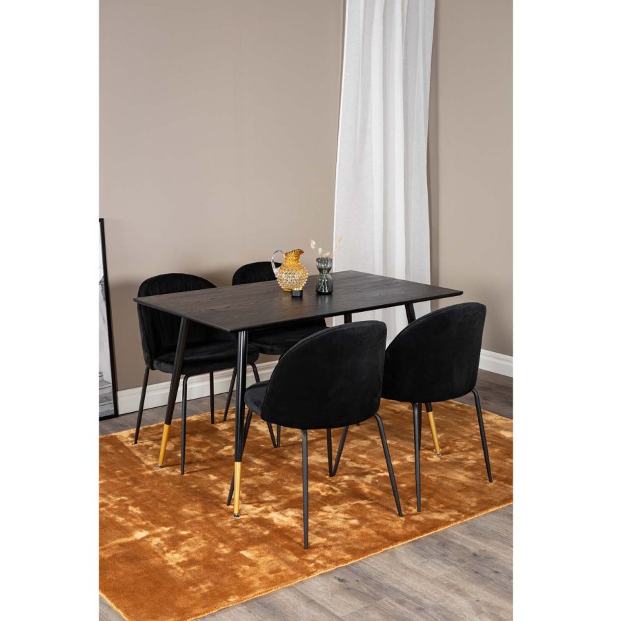 VENTURE DESIGN Dipp spisebordsett, m. 4 stoler - sort finér/messing sort metall, sort flyel/svart metall