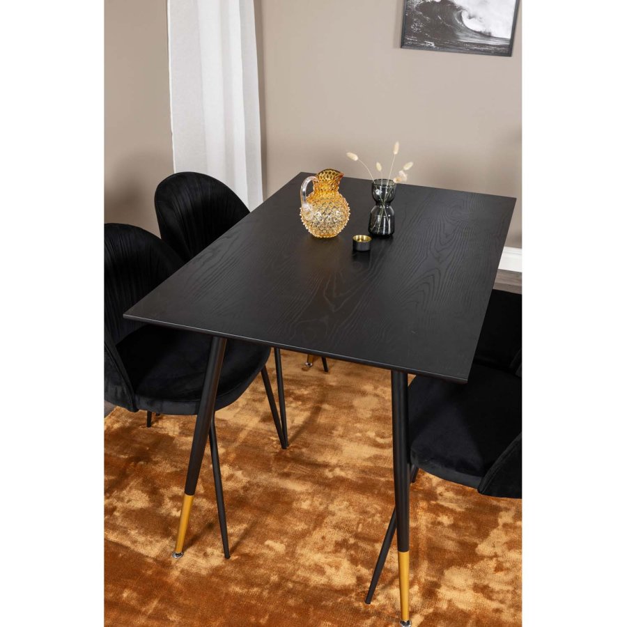 VENTURE DESIGN Dipp spisebordsett, m. 4 stoler - sort finér/messing sort metall, sort flyel/svart metall