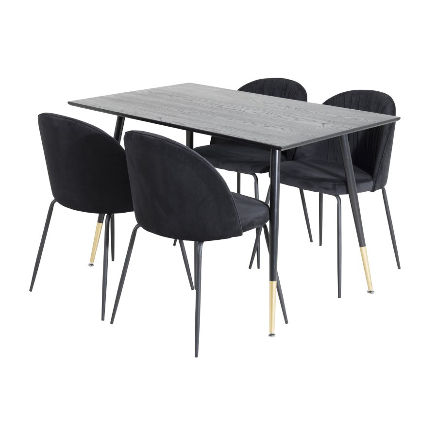 VENTURE DESIGN Dipp spisebordsett, m. 4 stoler - sort finér/messing sort metall, sort flyel/svart metall