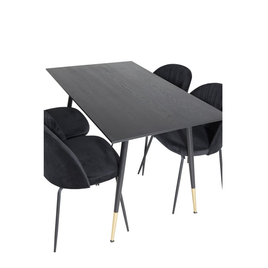 VENTURE DESIGN Dipp spisebordsett, m. 4 stoler - sort finér/messing sort metall, sort flyel/svart metall