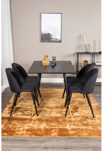 VENTURE DESIGN Dipp spisebordsett, m. 4 stoler - sort finér/messing sort metall, sort stoff/svart metall