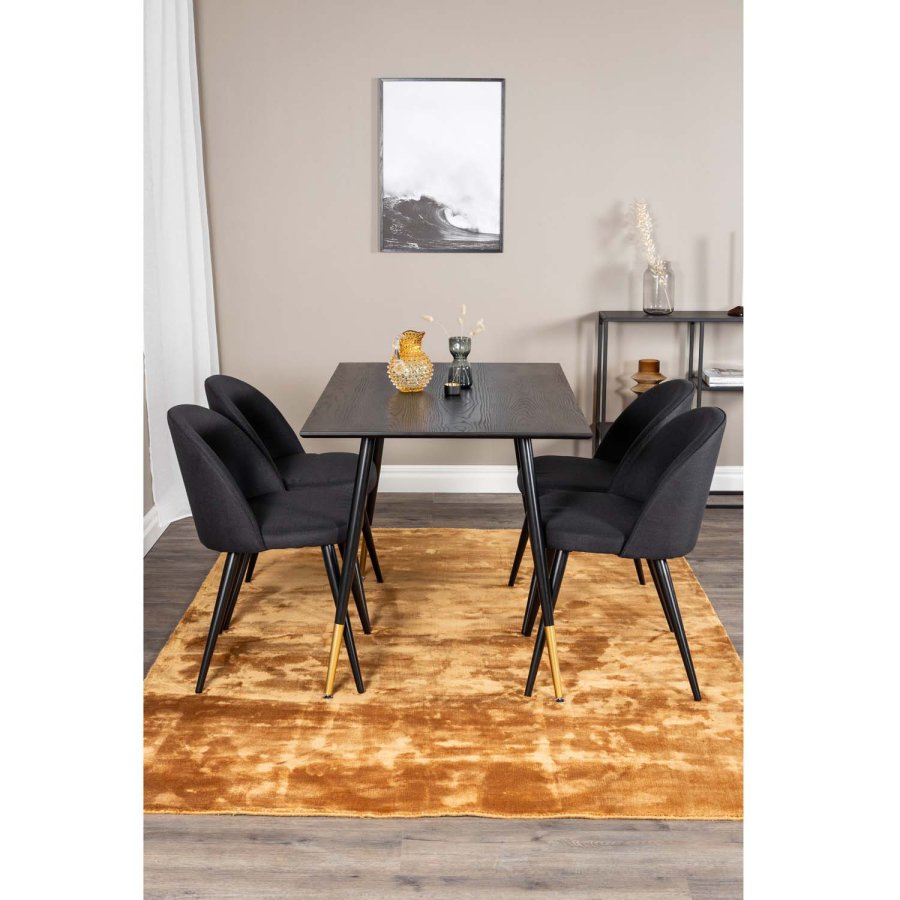VENTURE DESIGN Dipp spisebordsett, m. 4 stoler - sort finér/messing sort metall, sort stoff/svart metall