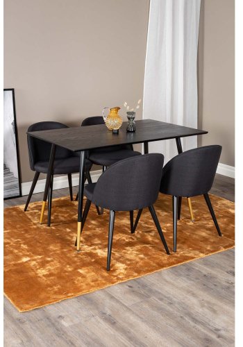 VENTURE DESIGN Dipp spisebordsett, m. 4 stoler - sort finér/messing sort metall, sort stoff/svart metall
