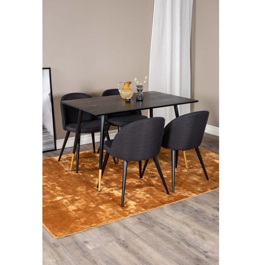 VENTURE DESIGN Dipp spisebordsett, m. 4 stoler - sort finér/messing sort metall, sort stoff/svart metall