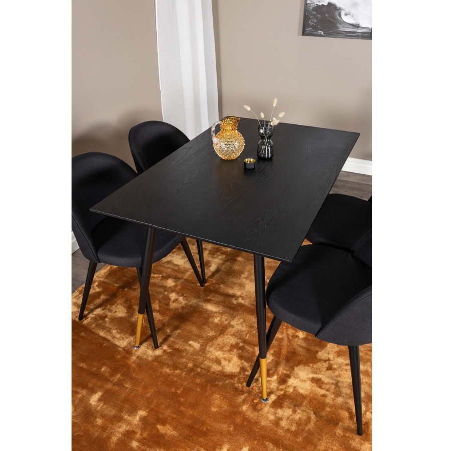 VENTURE DESIGN Dipp spisebordsett, m. 4 stoler - sort finér/messing sort metall, sort stoff/svart metall