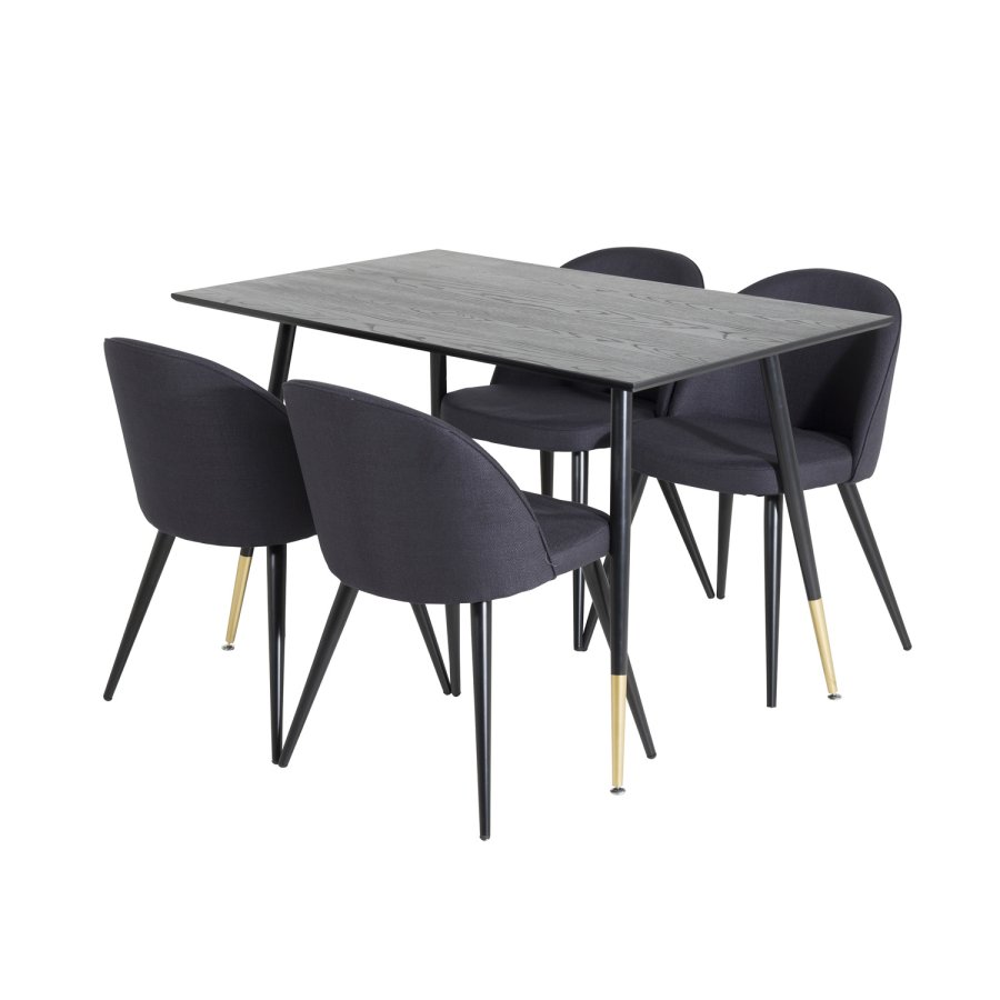VENTURE DESIGN Dipp spisebordsett, m. 4 stoler - sort finér/messing sort metall, sort stoff/svart metall