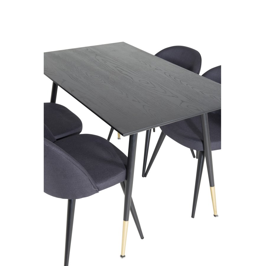 VENTURE DESIGN Dipp spisebordsett, m. 4 stoler - sort finér/messing sort metall, sort stoff/svart metall