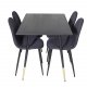 VENTURE DESIGN Dipp Esstisch-Set, mit 4 Stühlen – schwarzes Furnier/Messing, schwarzes Metall, schwarzer Stoff/schwarzes Metall