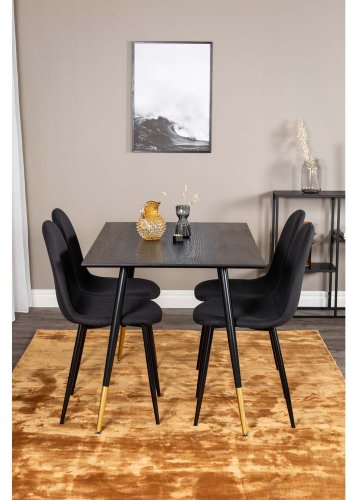 VENTURE DESIGN Dipp Esstisch-Set, mit 4 Stühlen – schwarzes Furnier/Messing, schwarzes Metall, schwarzer Stoff/schwarzes Metall