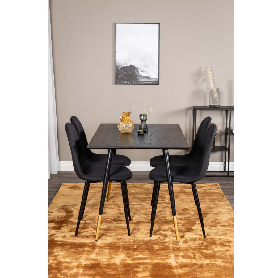 VENTURE DESIGN Dipp Esstisch-Set, mit 4 Stühlen – schwarzes Furnier/Messing, schwarzes Metall, schwarzer Stoff/schwarzes Metall