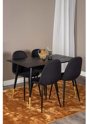 VENTURE DESIGN Dipp Esstisch-Set, mit 4 Stühlen – schwarzes Furnier/Messing, schwarzes Metall, schwarzer Stoff/schwarzes Metall