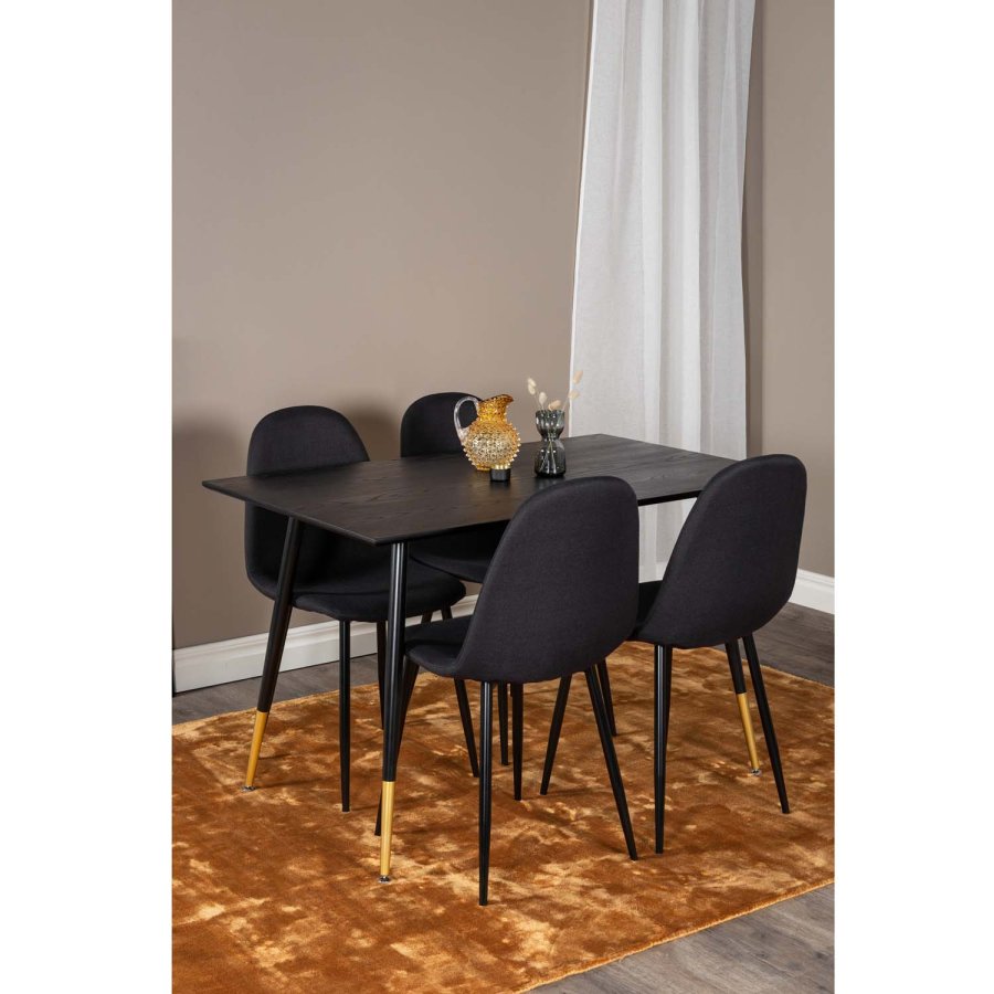VENTURE DESIGN Dipp Esstisch-Set, mit 4 Stühlen – schwarzes Furnier/Messing, schwarzes Metall, schwarzer Stoff/schwarzes Metall