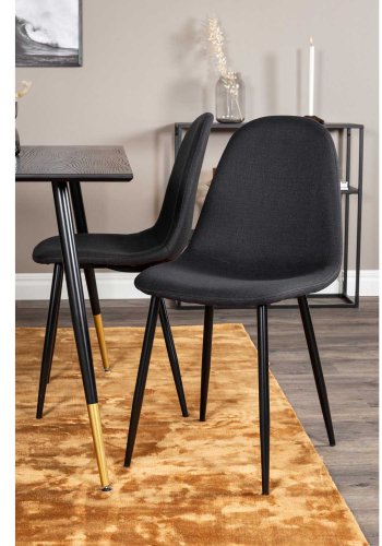 VENTURE DESIGN Dipp Esstisch-Set, mit 4 Stühlen – schwarzes Furnier/Messing, schwarzes Metall, schwarzer Stoff/schwarzes Metall