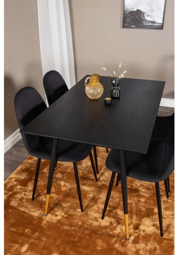 VENTURE DESIGN Dipp Esstisch-Set, mit 4 Stühlen – schwarzes Furnier/Messing, schwarzes Metall, schwarzer Stoff/schwarzes Metall