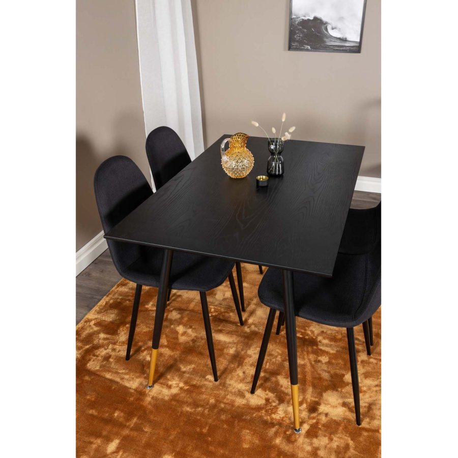 VENTURE DESIGN Dipp Esstisch-Set, mit 4 Stühlen – schwarzes Furnier/Messing, schwarzes Metall, schwarzer Stoff/schwarzes Metall