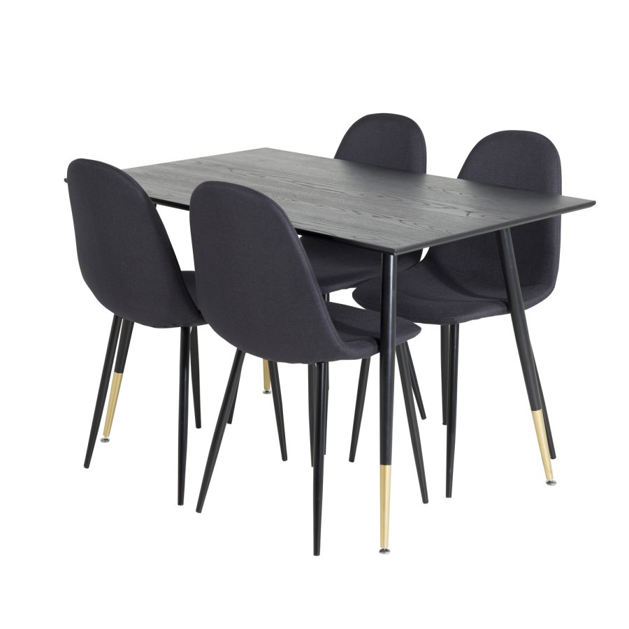 VENTURE DESIGN Dipp Esstisch-Set, mit 4 Stühlen – schwarzes Furnier/Messing, schwarzes Metall, schwarzer Stoff/schwarzes Metall