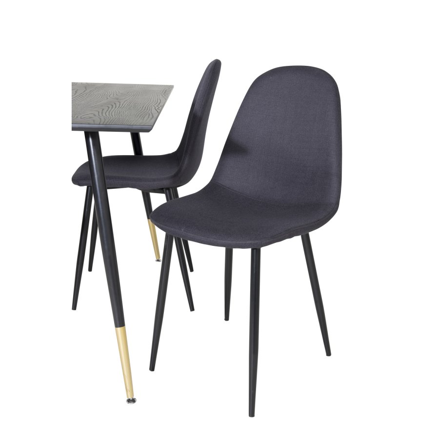 VENTURE DESIGN Dipp Esstisch-Set, mit 4 Stühlen – schwarzes Furnier/Messing, schwarzes Metall, schwarzer Stoff/schwarzes Metall