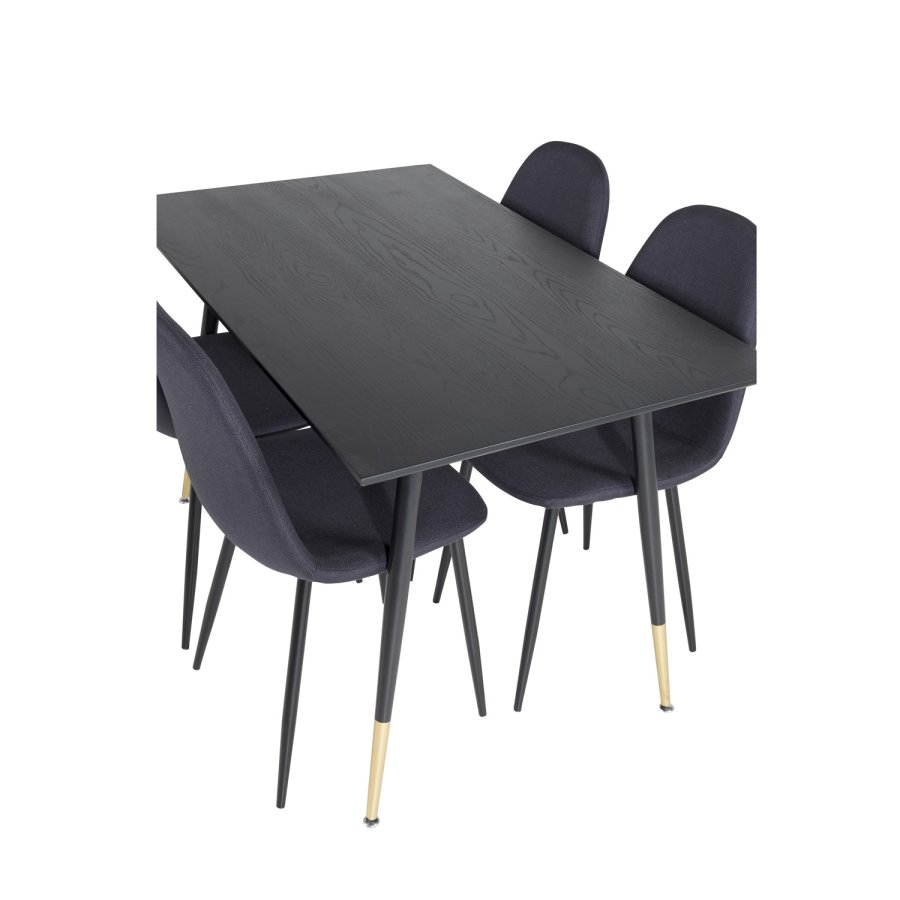 VENTURE DESIGN Dipp Esstisch-Set, mit 4 Stühlen – schwarzes Furnier/Messing, schwarzes Metall, schwarzer Stoff/schwarzes Metall