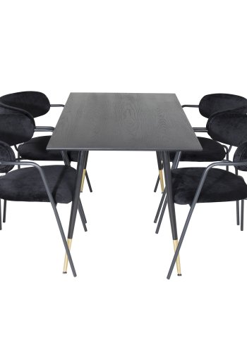VENTURE DESIGN Dipp spisebordsett, m. 4 stoler - sort finér/messing sort metall, sort flyel/svart metall