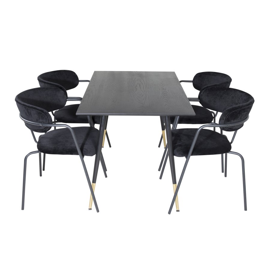 VENTURE DESIGN Dipp spisebordsett, m. 4 stoler - sort finér/messing sort metall, sort flyel/svart metall