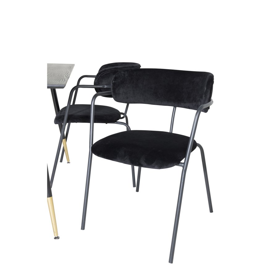 VENTURE DESIGN Dipp spisebordsett, m. 4 stoler - sort finér/messing sort metall, sort flyel/svart metall