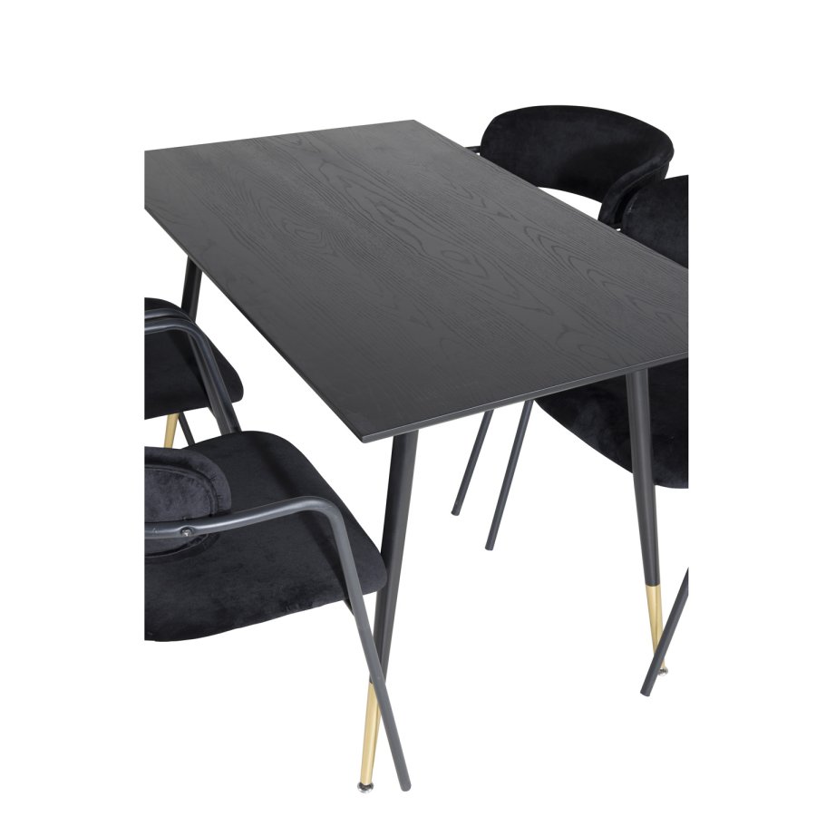 VENTURE DESIGN Dipp spisebordsett, m. 4 stoler - sort finér/messing sort metall, sort flyel/svart metall
