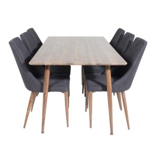 VENTURE DESIGN Polar Matbordsset, med 6 Stolar - Brun Valnötsfolie MDF och Svart Tyg / Foliemetall