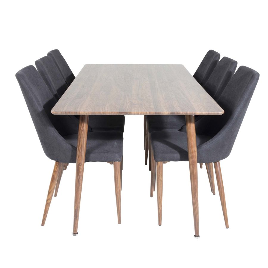 VENTURE DESIGN Polar spisebordsett, m. 6 stoler - brun valnttfolie MDF og sort stoff/foliemetall