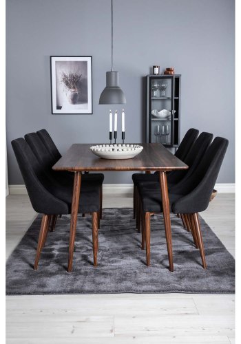 VENTURE DESIGN Polar spisebordsett, m. 6 stoler - brun valnttfolie MDF og sort stoff/foliemetall