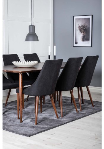 VENTURE DESIGN Polar spisebordsett, m. 6 stoler - brun valnttfolie MDF og sort stoff/foliemetall