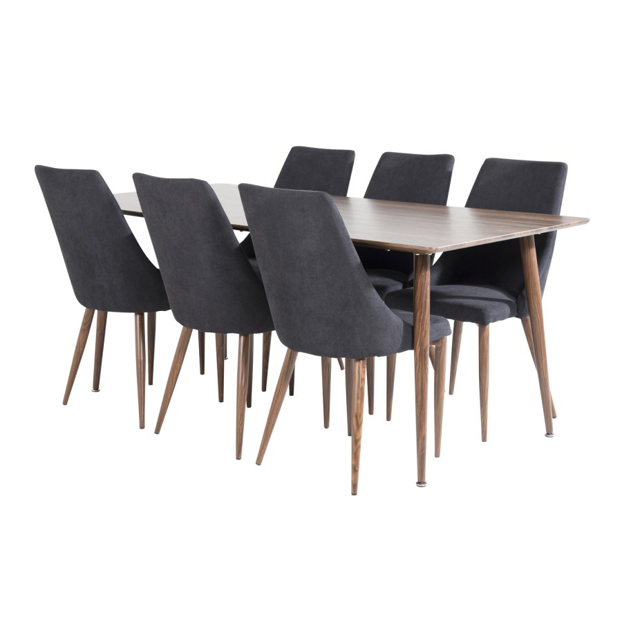 VENTURE DESIGN Polar spisebordsett, m. 6 stoler - brun valnttfolie MDF og sort stoff/foliemetall