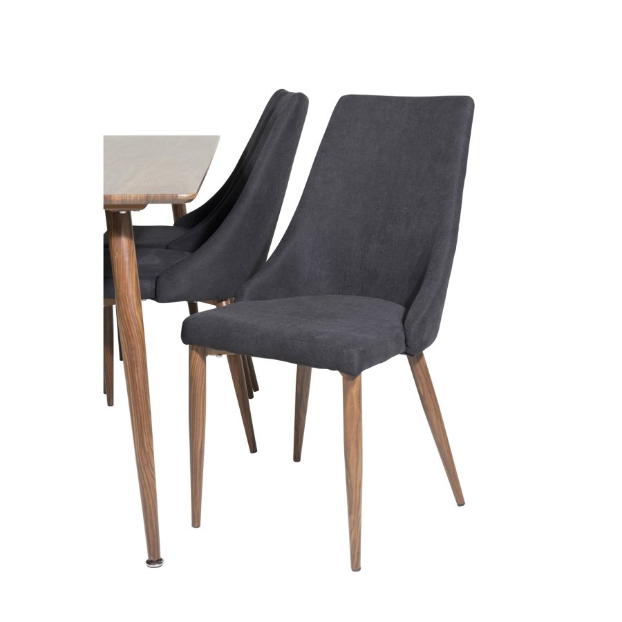 VENTURE DESIGN Polar spisebordsett, m. 6 stoler - brun valnttfolie MDF og sort stoff/foliemetall