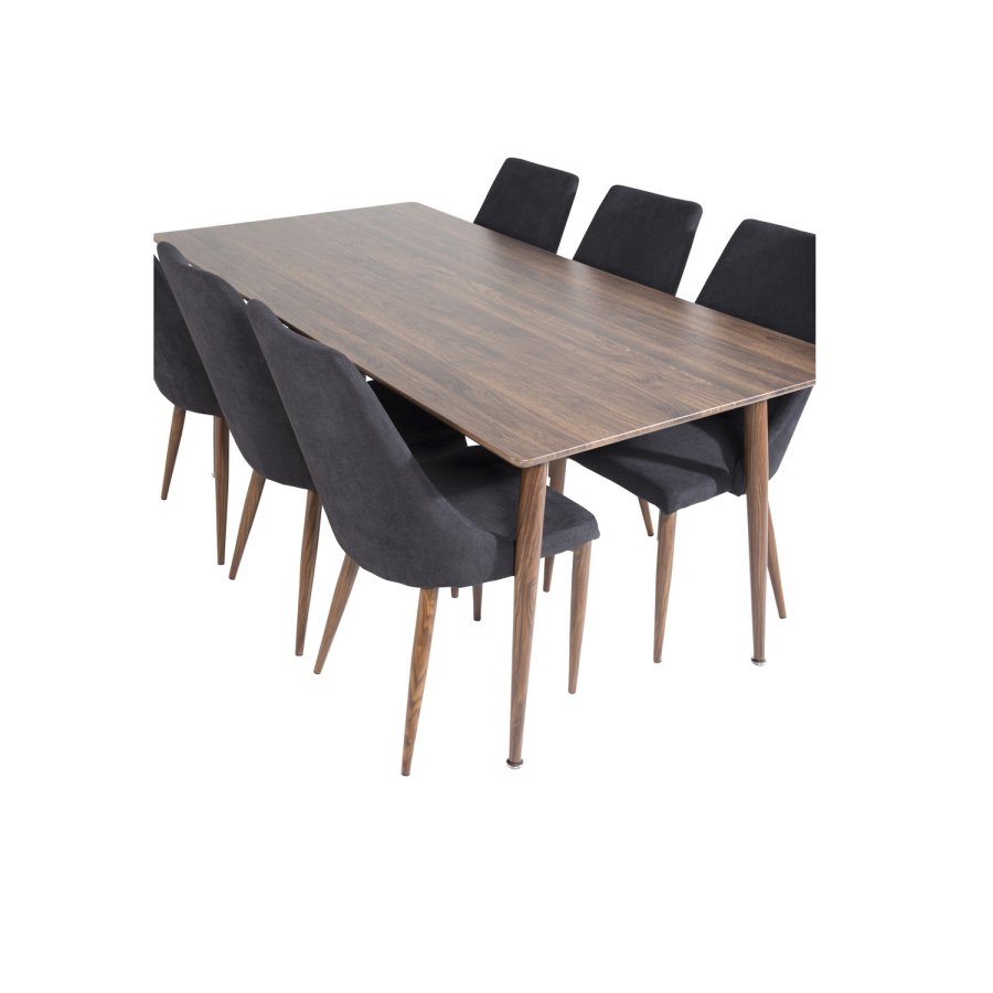 VENTURE DESIGN Polar spisebordsett, m. 6 stoler - brun valnttfolie MDF og sort stoff/foliemetall
