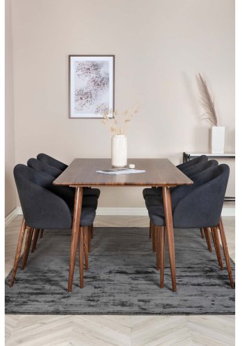 VENTURE DESIGN Polar spisebordsst, m. 6 stole -  brun valnddefolie MDF/metal, sort stof/foliemetal