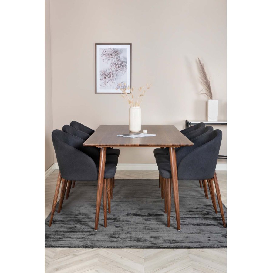 VENTURE DESIGN Polar spisebordsst, m. 6 stole -  brun valnddefolie MDF/metal, sort stof/foliemetal