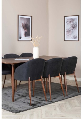 VENTURE DESIGN Polar spisebordsst, m. 6 stole -  brun valnddefolie MDF/metal, sort stof/foliemetal