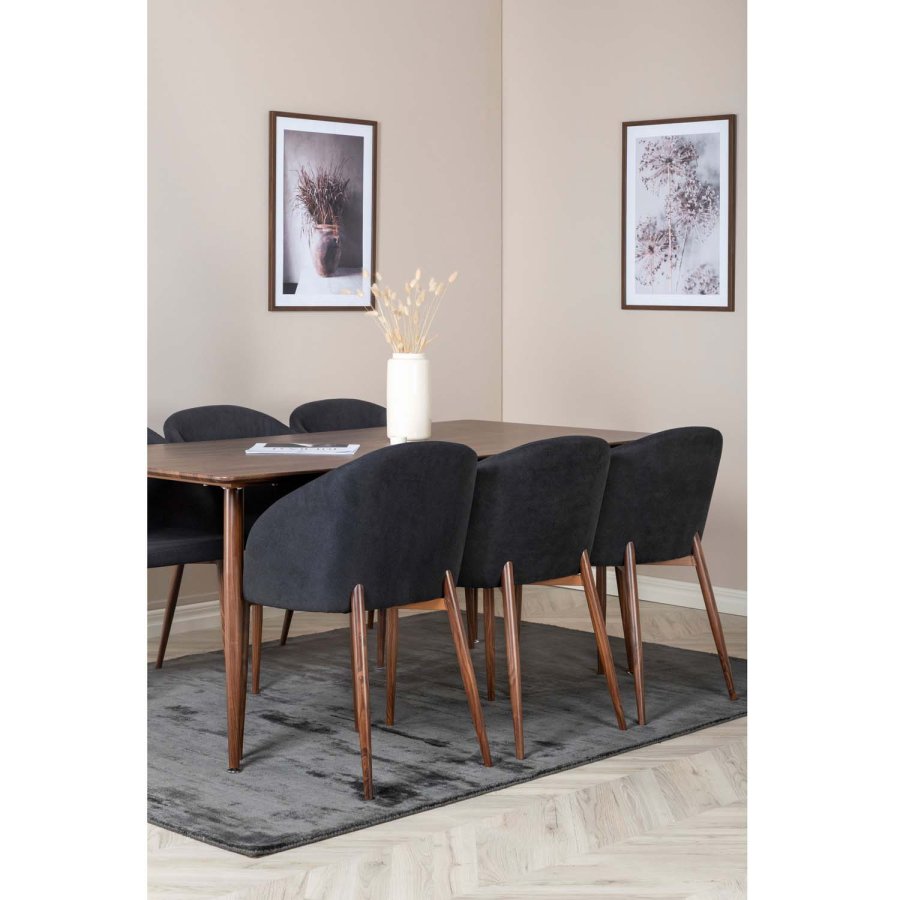 VENTURE DESIGN Polar spisebordsst, m. 6 stole -  brun valnddefolie MDF/metal, sort stof/foliemetal