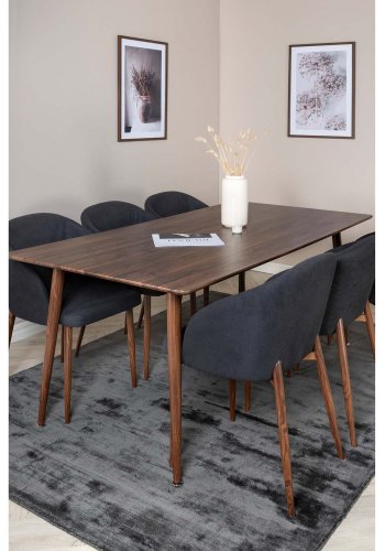VENTURE DESIGN Polar spisebordsst, m. 6 stole -  brun valnddefolie MDF/metal, sort stof/foliemetal